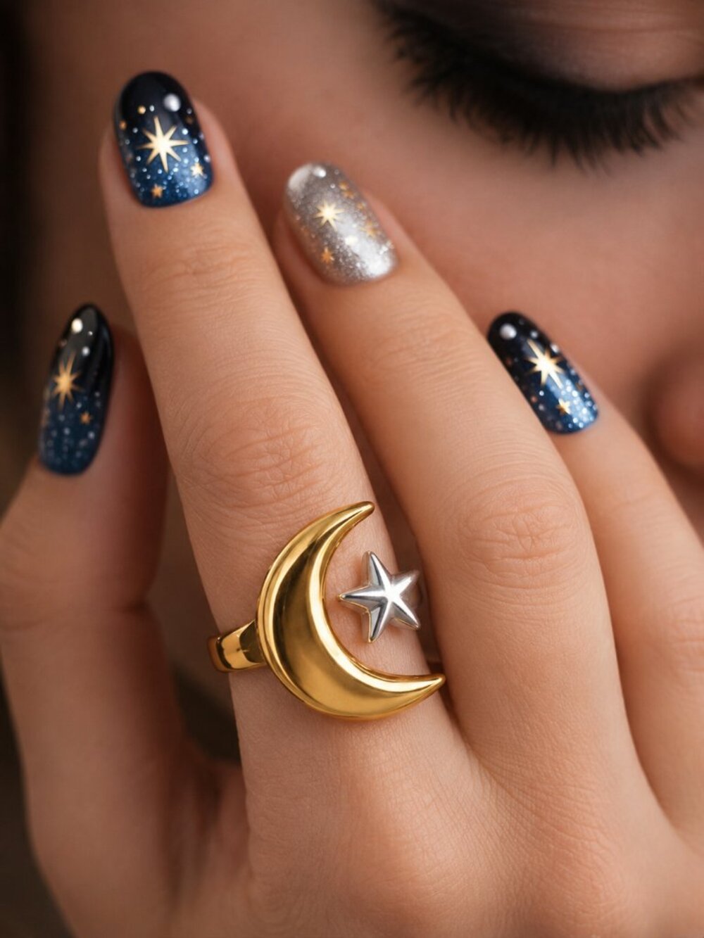 Two-Tone Moon Star Celestial Ring 18K Gold Plated Stainless Steel Adjustable 7-9